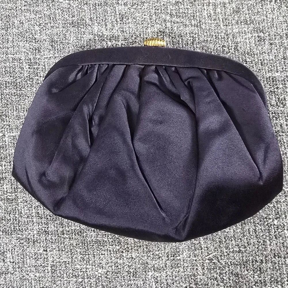 Vintage MM Navy Blue Satin Pleated Evening Clutch Bag Gold Clasp Formal Wedding